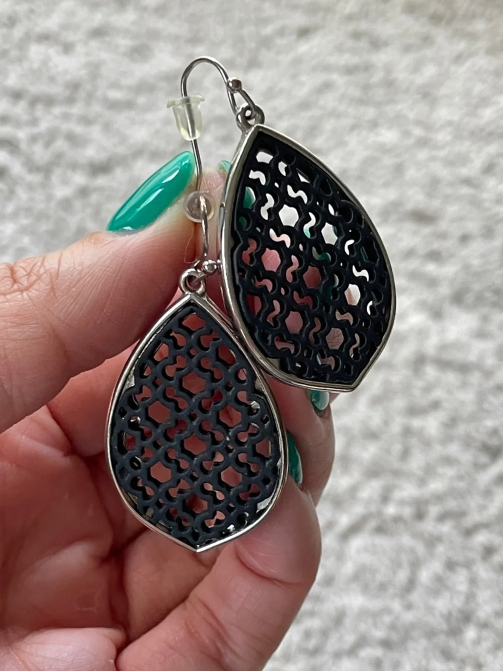Boutique Teardrop Black Filigree Silver Toned Boho Drop Hook Dangle Earrings
